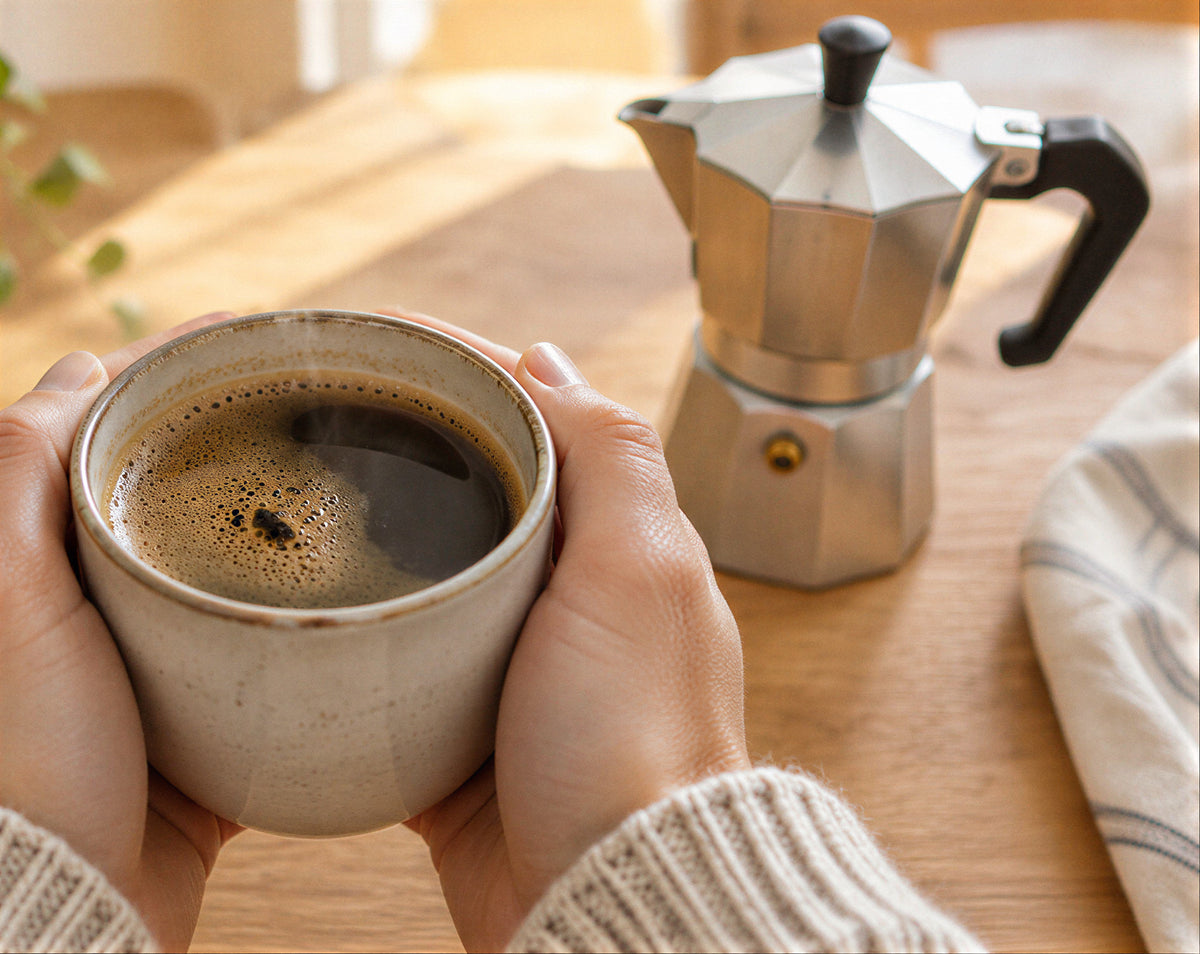 Fresh coffee brewing in a white pour-over filter